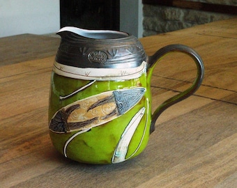 Handmade Ceramic Water Pitcher - Unique Green, Beige, Blue, Ochre Jug - Art Pottery for Home & Living - Perfect Wedding or Anniversary Gift