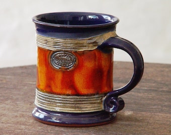 Handmade Pottery Mug | Unique Earthen Coffee Cup | Danko Ceramics | Orange & Indigo Blue | Kitchen Tableware Gift | Choose Your Size