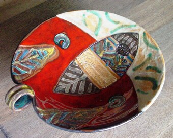 Handmade Wheel Thrown Ceramic Fruit Bowl - Unique Pottery Tray, Wedding Gift, Matte Finish, Red, Gray, Green, Brown, Ochre Colors