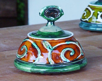 Handmade Danko Pottery Sugar Bowl - Orange, Green, White Ceramic - Home & Living Kitchen Decor - Perfect Gift!