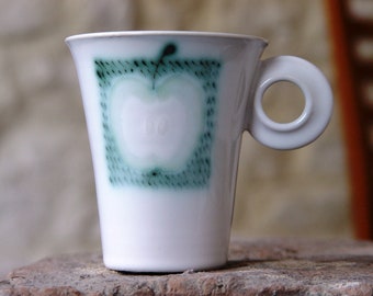 Danko Pottery - Hand-Painted Apple Mug - Elegant Stoneware Tea or Coffee Cup - Unique Ceramic Art - Kitchen Decor Gift - White and Gree