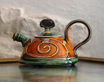 Ceramic Serving Teapot - Handmade by Danko - Orange, Green, White - Unique Pottery Kitchen Decor - Wedding or Birthday Gift - 400ml/13.4 oz