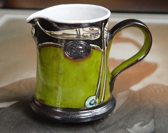 Green Pottery Milk Jug - Wheel Thrown Hand-Glazed Creamer - Artistic Ceramic Table Decor - Christmas Gift - 10oz Capacity