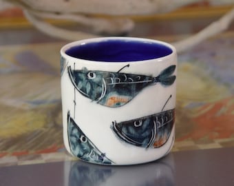 Handpainted Fish Stoneware Tumbler - Mackerel Water Glass - Unique Pottery Mug - Danko Home & Living