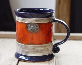 Wheel-Thrown Ceramic Coffee Mug - Blue & Orange Pottery - Unique Handmade Tea Cup - The Perfect Gift