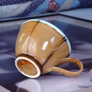 Handmade Stoneware Coffee Mug - Wheel Thrown Ceramic Cup - Delicate White, Ochre, Black & Green Pottery Mug