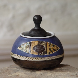 Hand Painted Blue Ceramic Sugar Bowl - Colorful Countertop Decor - Bulgarian Traditional Motifs