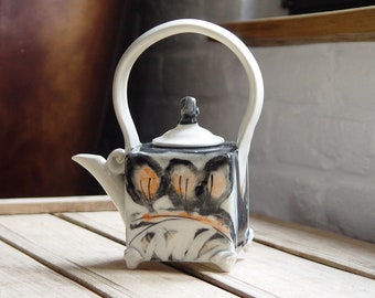 In the Field - Slip-casted Pottery Teapot for Two with Handpainted Landcape - Unique Porcelain Tea Kettle with Elegant Handle - Wedding Gift