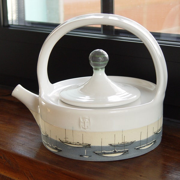 Ocean Theme Stoneware Teapot - Handmade Ceramic Yacht Tea Kettle - Unique Pottery Danko - Durable Artistic Gift for Home & Living