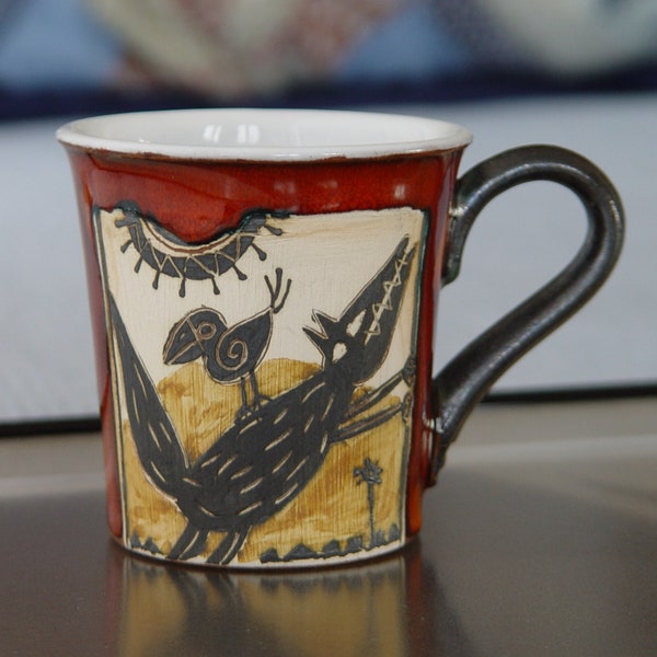 Hand Painted Fox and Crow Christmas Mug | Red Wheel Thrown Ceramic Teacup | Unique Pottery Coffee Cup | Kitchen Decor Gift