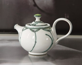 Christmas Gift - Elegant Stoneware Teapot - Wheel-thrown Ceramic Tea Kettle - Artistic Pottery - Handmade Clay Art - White and Green - 500ml