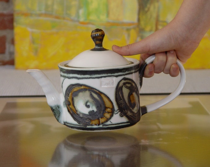 Handmade Stoneware Teapot - Elegant White and Green Ceramic Tea Kettle with Strainer - Fine Kitchenware - Unique Wedding Gift - Home Decor