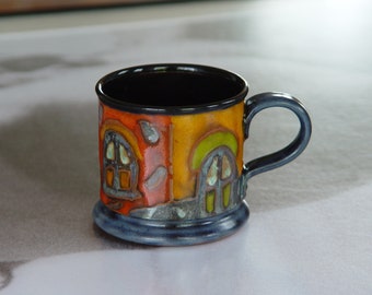 Handmade Windows Mug - Danko Pottery Art | Colorful Ceramic Cup 7 oz | Unique Kitchen Decor Gift