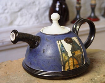 Handmade Blue Pottery Teapot - Ceramic Tea Maker with Old Buildings Design - Danko Pottery - Wedding Gift - Kitchen Decor - Arts and Crafts