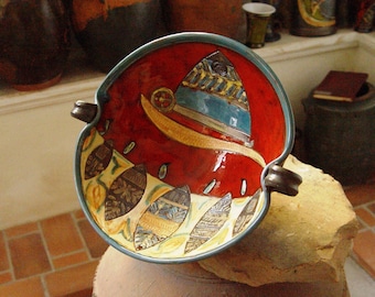 Whimsical Red Ceramic Bowl Artfully Crafted - Wheel-Thrown Hand-Painted - Playful Cart Design - Unique Home Decor and Versatile Fruit Bowl