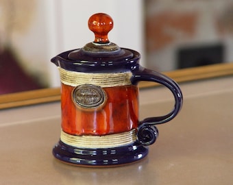 Hand-Painted Blue and Orange Ceramic Milk Jug - Small Pottery Creamer with Lid - Table Decor - Wheel Thrown Tea Sets - Kitchen Dining