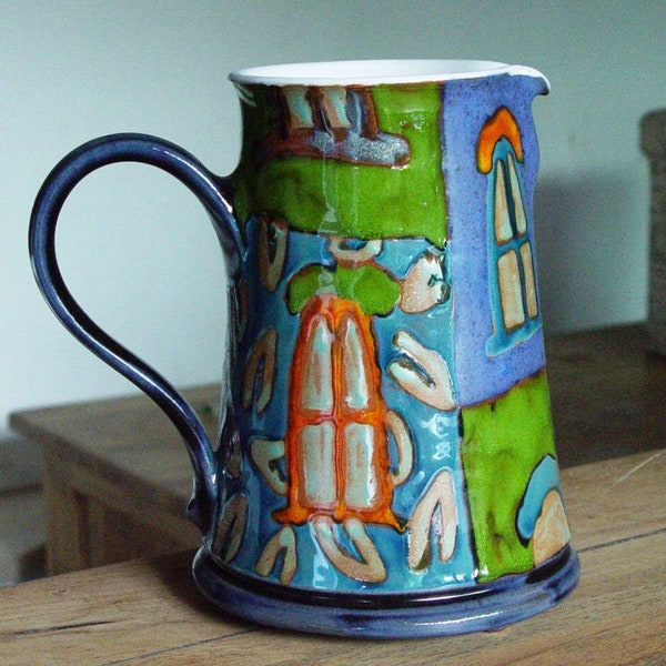 Colorful Handmade Ceramic Water Pitcher by Danko Pottery - Unique Pottery Jug for Dining - Wheel Thrown, Glossy Finish - 1400ml/47oz