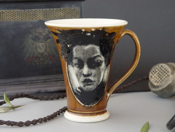 Handmade Belle Epoque Stoneware Mug | Portrait of Woman | Unique Pottery | Durable | 400ml Capacity