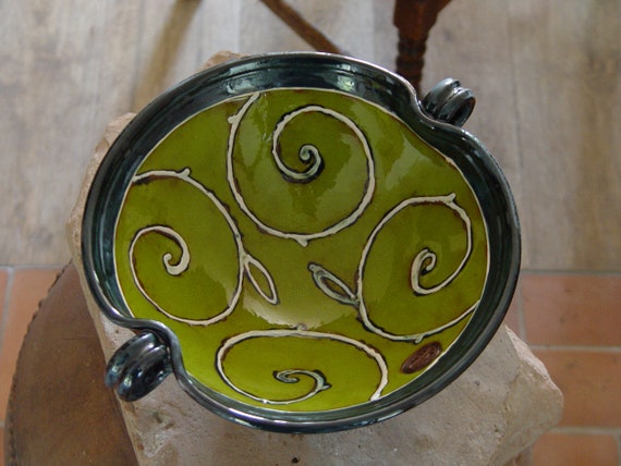 Green Pottery Bowl, Wheel Thrown Ceramic Fruit Dish, Serving Bowl, Kitchen Decor, Danko Pottery, Handmade Green Bowl with Floral Elements
