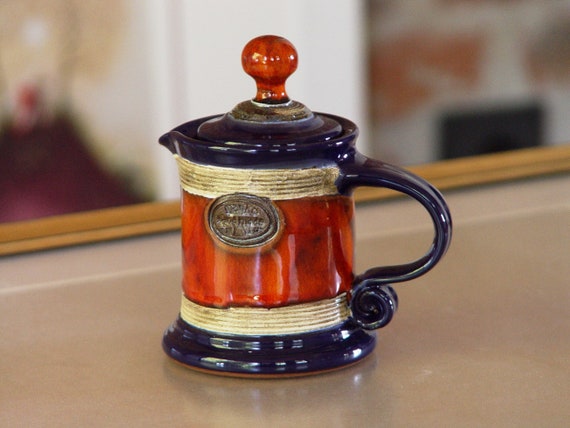 Hand-Painted Blue and Orange Ceramic Milk Jug - Small Pottery Creamer with Lid - Table Decor - Wheel Thrown Tea Sets - Kitchen Dining