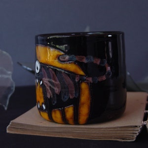 Funny Cat Tumbler Orange and Black Handmade Ceramic Goblet Spooky 12 oz Mug Cold Drinks Mug image 10