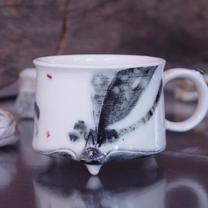Handmade Stoneware Dragonfly Coffee Mug Unique Teacup 300ml Wheel Thrown Pottery Danko Artistic Mug White Black Orange Gift Mug image 7