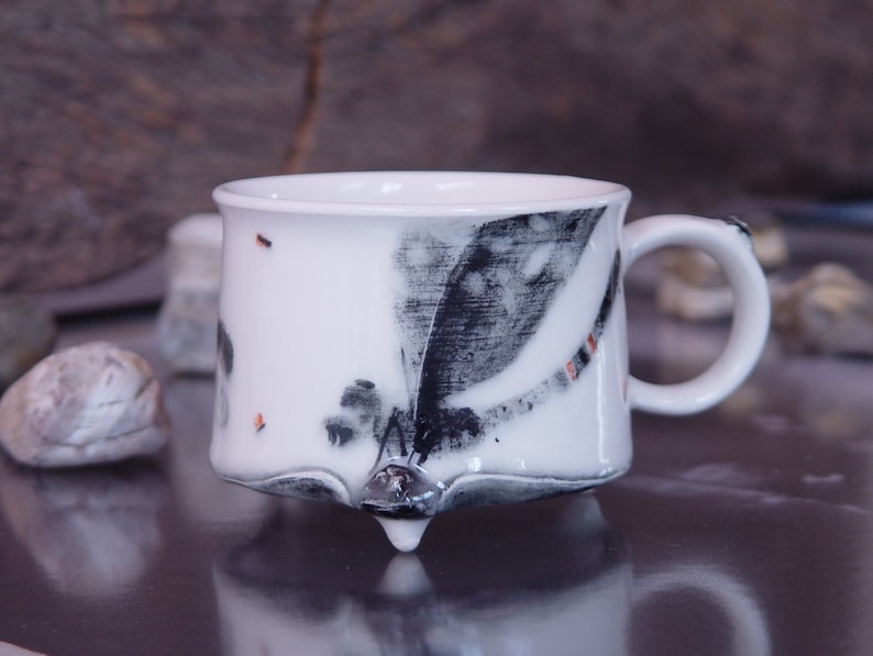 Handmade Stoneware Dragonfly Coffee Mug Unique Teacup 300ml Wheel Thrown Pottery Danko Artistic Mug White Black Orange Gift Mug image 7