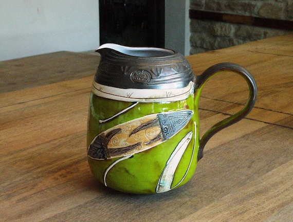 Handmade Ceramic Water Pitcher - Unique Green, Beige, Blue, Ochre Jug - Art Pottery for Home & Living - Perfect Wedding or Anniversary Gift