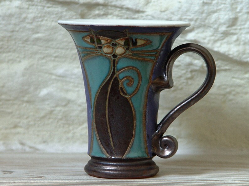 Handmade Cat Mug Unique Pottery Coffee Mug Christmas Gift Blue Ceramic Mug Ready to Ship Kitchen & Dining Decor image 2