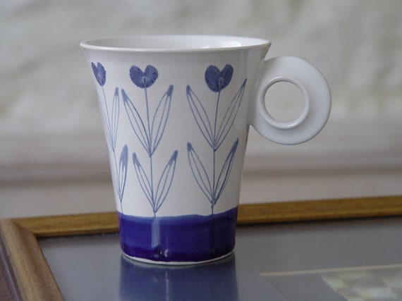 Danko Pottery: Hand-Painted Blue Flowers Stoneware Love Mug, Unique Teacup, Mother's Day Gift - White & Blue, Elegant, Durable