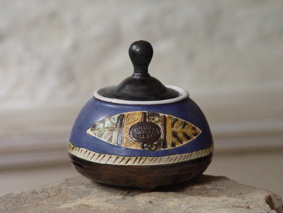 Hand Painted Blue Ceramic Sugar Bowl - Colorful Countertop Decor - Bulgarian Traditional Motifs