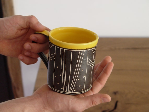 Large Black and Yellow Stoneware Mug - Handmade Pottery Coffee Cup with Matte Finish - Unique Geometric Design - Durable 18oz Ceramic