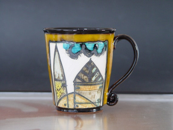 Handmade Buildings Mug - Danko Pottery Art | Colorful Ceramic Cup 11.7 oz | Unique Kitchen Decor Gift - Home & Living
