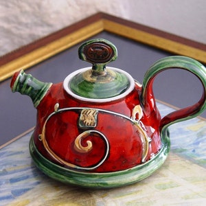 Handmade Ceramic Teapot for One Danko's Artistic Pottery Christmas Gift Small Clay Tea Pot Red, Green, White Colors 400ml Capacity image 10