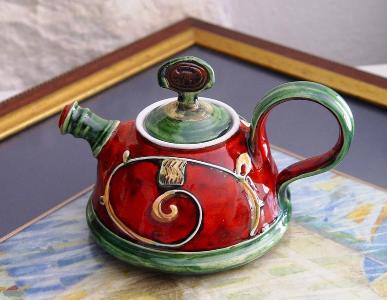 Handmade Ceramic Teapot for One Danko's Artistic Pottery Christmas Gift Small Clay Tea Pot Red, Green, White Colors 400ml Capacity image 10