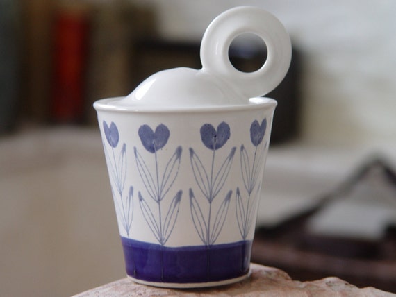 Wheel Thrown Stoneware Sugar Bowl with Heart Shaped Blue Flowers - Handmade Lidded Pottery for Valentine's, Mother's Day - Unique Gift