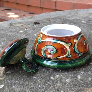 Handmade Danko Pottery Sugar Bowl Orange, Green, White Ceramic Home & Living Kitchen Decor Perfect Gift image 9