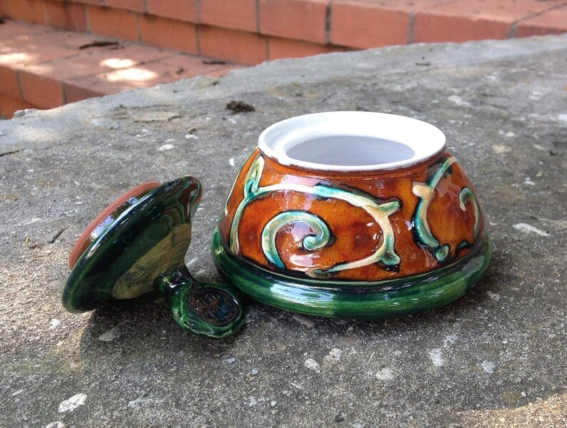 Handmade Danko Pottery Sugar Bowl Orange, Green, White Ceramic Home & Living Kitchen Decor Perfect Gift image 9