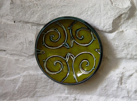 Unique Hand-Painted Green Ceramic Plate - Danko Pottery Wall Hanging Dish - Home Decor Gift for Her