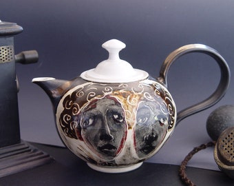 Unique Stoneware Teapot with Two Hanpainted Women - Wheel-thrown Ceramic Tea Kettle - Artistic and Functional Tea Pot - Handmade Clay Art