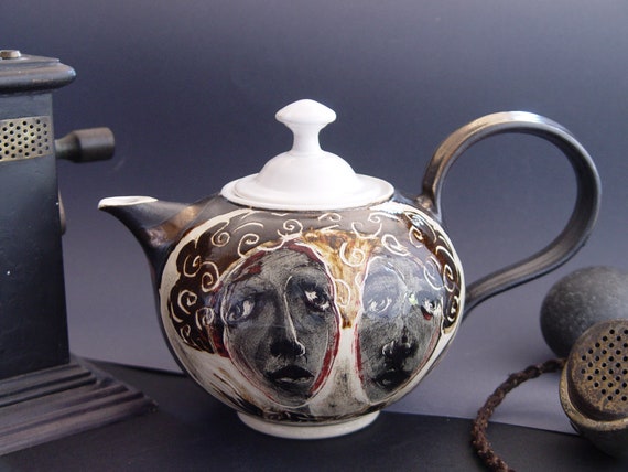 Unique Stoneware Teapot with Two Hanpainted Women - Wheel-thrown Ceramic Tea Kettle - Artistic and Functional Tea Pot - Handmade Clay Art