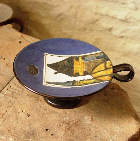 Handmade Blue Pottery Tea Light Holder with Painted Buildings - Unique Home Decor - Danko Pottery