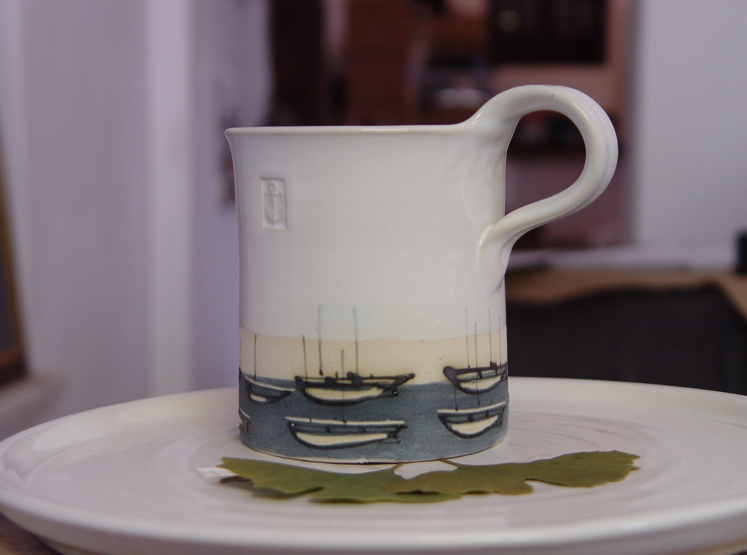 Stoneware Pottery Mug, Coffee Mug, Hand Painted Mug, Ocean Theme Mug, Boats Teacup, White and