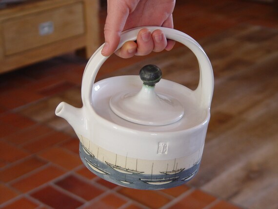 Boats Handmade Stoneware Teapot - Ceramic Tea Pot - Ocean Theme Tea Maker - Yacht Tea Kettle -  Durable Pottery - Danko Pottery - Clay Art
