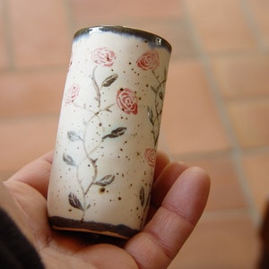 Pottery Tumbler with Roses - Ceramic Stoneware Shot Mug - Handmade Water Glass - Collectible Pottery - Hanbuilding Technique - Small Vase