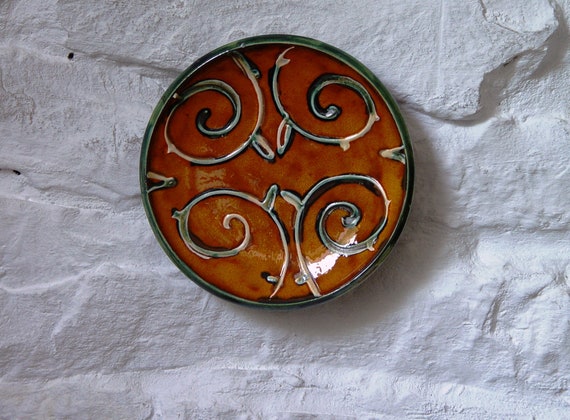 Christmas Gift - Orange Green Ceramic Plate, Small Wall Hanging Pottery Dish, Earthen Decorative Plate