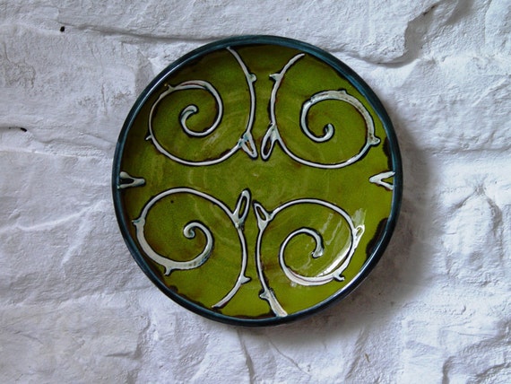 Handmade Green Ceramic Wall Hanging Plate | Floral Decor | Pottery Tray | Unique Home Decor | Danko Ceramics