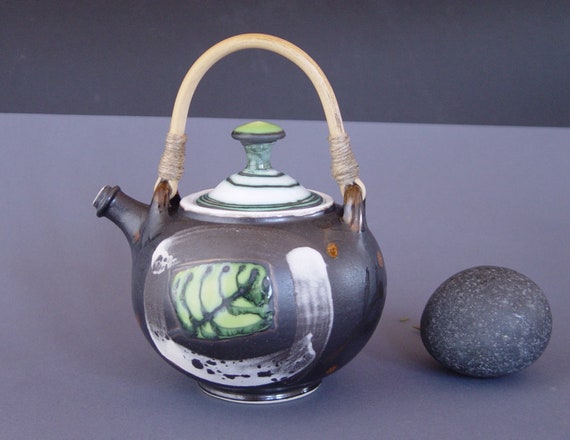 Handmade Stoneware Teapot with Wicker Handle - Unique Ceramic Kettle - Matte Black Tea Pot - Artistic Pottery - Home Decor