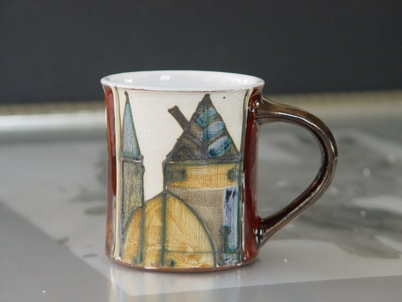 Colorful Handmade Small Pottery Coffee Cup - Unique Ceramic Mug with Old-Time Buildings Drawings - Danko Pottery