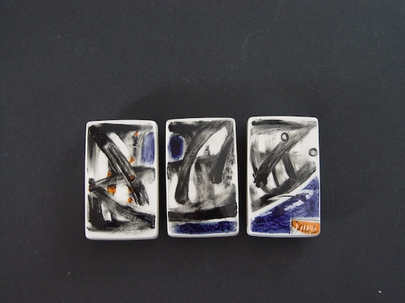 Parque das Nações - Hand-painted Porcelain Tile Triptych - Lisbon Azulejo Pottery Wall Decor - Set of 3 - Blue, Black, Orange, White